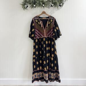 Oliphant Flirty V-Neck Lucknow Black Maxi Dress Sequined Embroidered Boho 2X